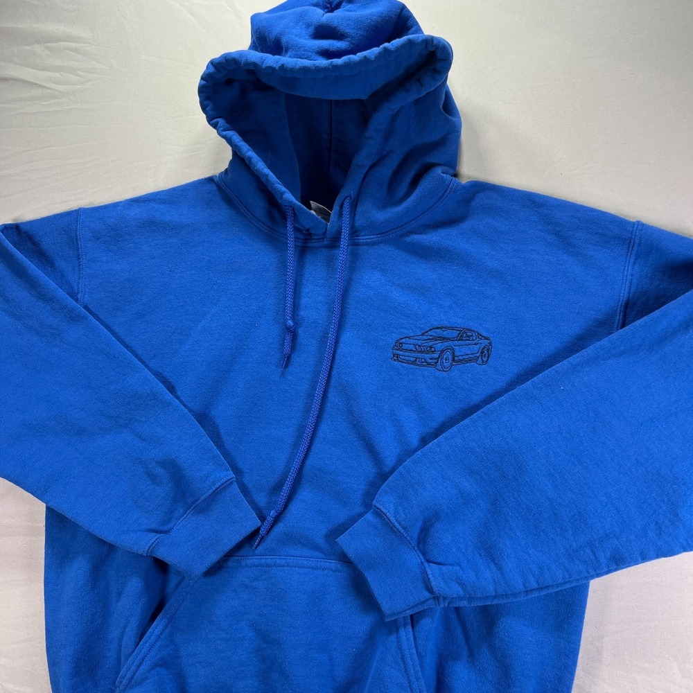Ford Mustang Hoodie Mens Medium Royal Blue Pullover Fleece Sweatshirt Y2K - Picture 4 of 10